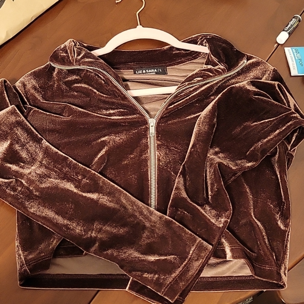 Brown velvet long sleeve crop top, brand is Liz & Sara